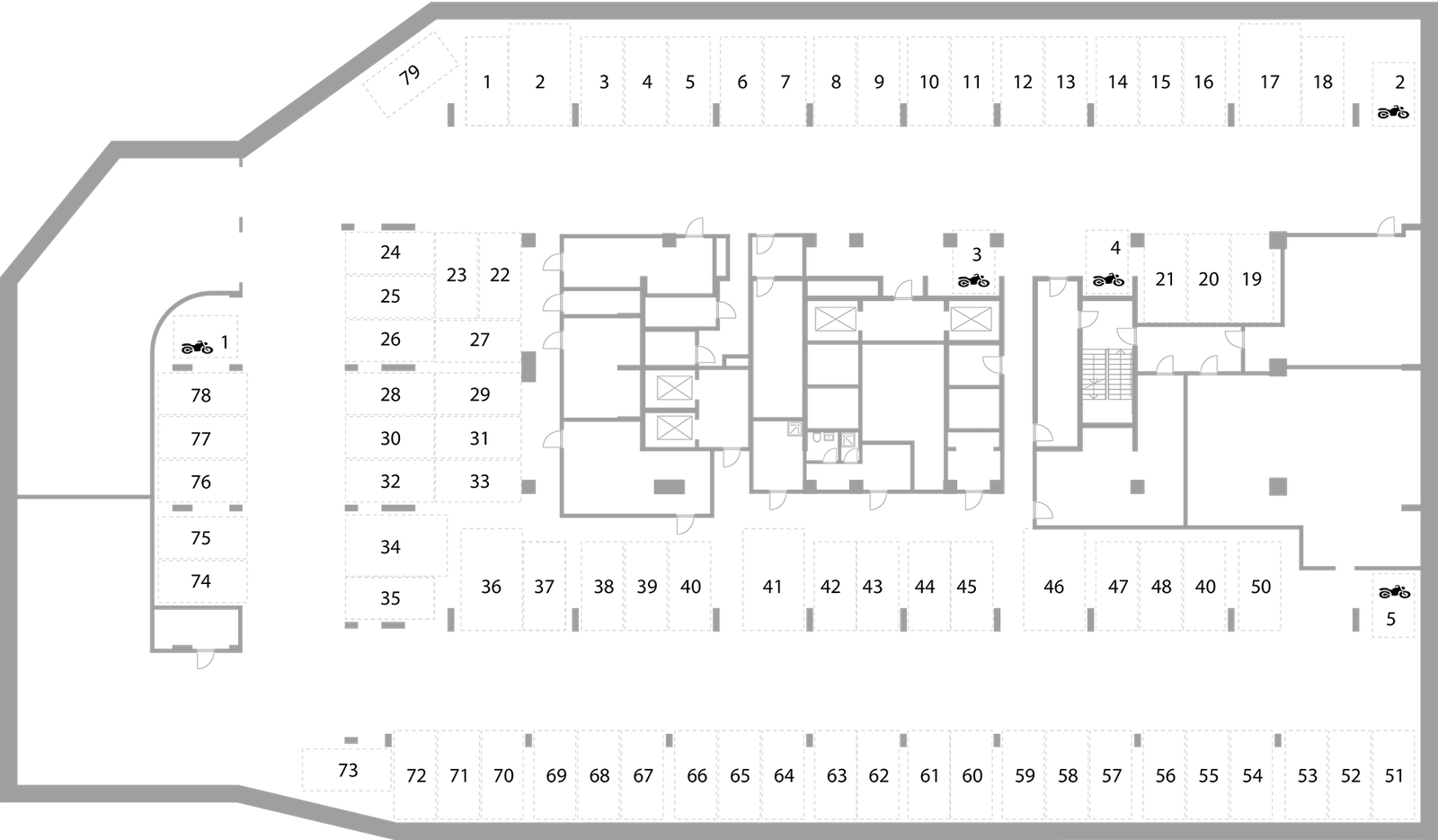 БЦ Light City, корпус А — схема паркинга, уровень -1 (79 машино-мест)