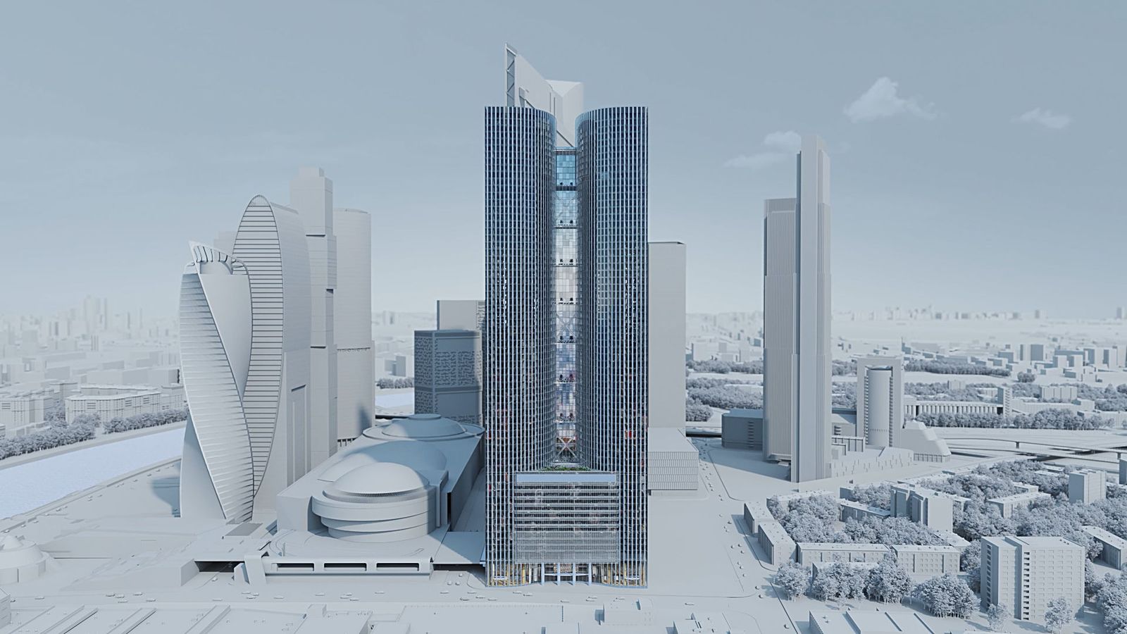 Две башни Moscow Towers на общем стилобате, визуализация с официального сайта проекта