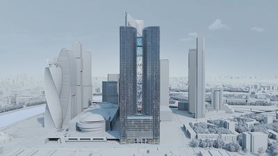 Две башни Moscow Towers на общем стилобате, визуализация с официального сайта проекта