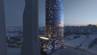 Башни Neva Towers в сумерках, вид с высоты (сайт застройщика)