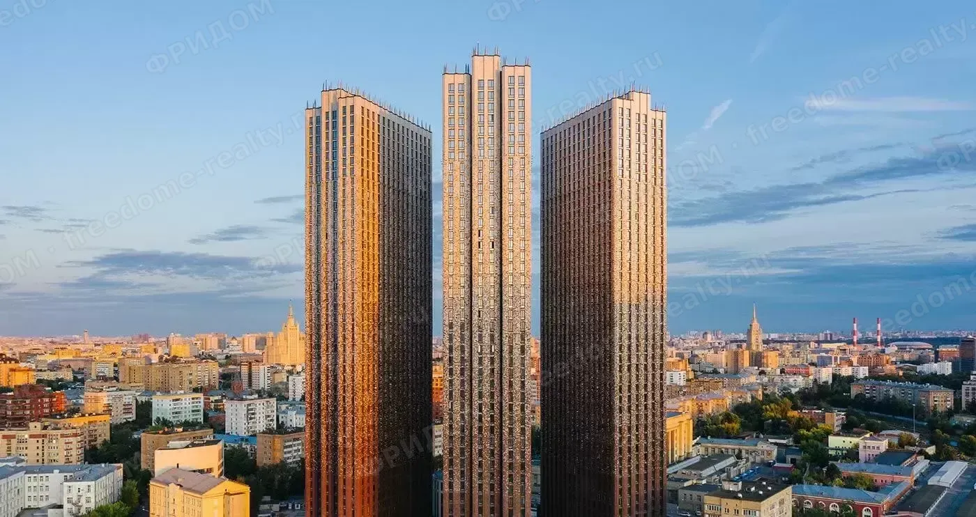 ЖК «Presnya City» — фасад — три башни на фоне городской панорамы