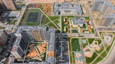 ЖК «Новое Пушкино» — благоустройство и социальные объекты квартала, вид сверху
