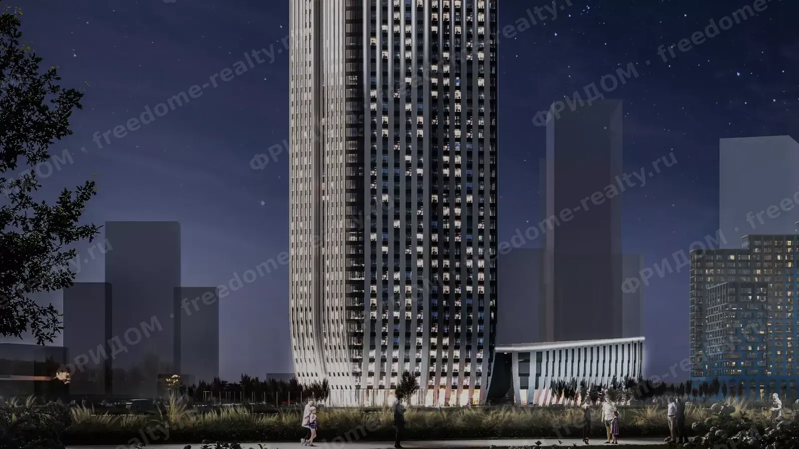 Визуализация: башня БЦ «Адмирал» в вечернее время. Материалы застройщика ГК «Галс».
