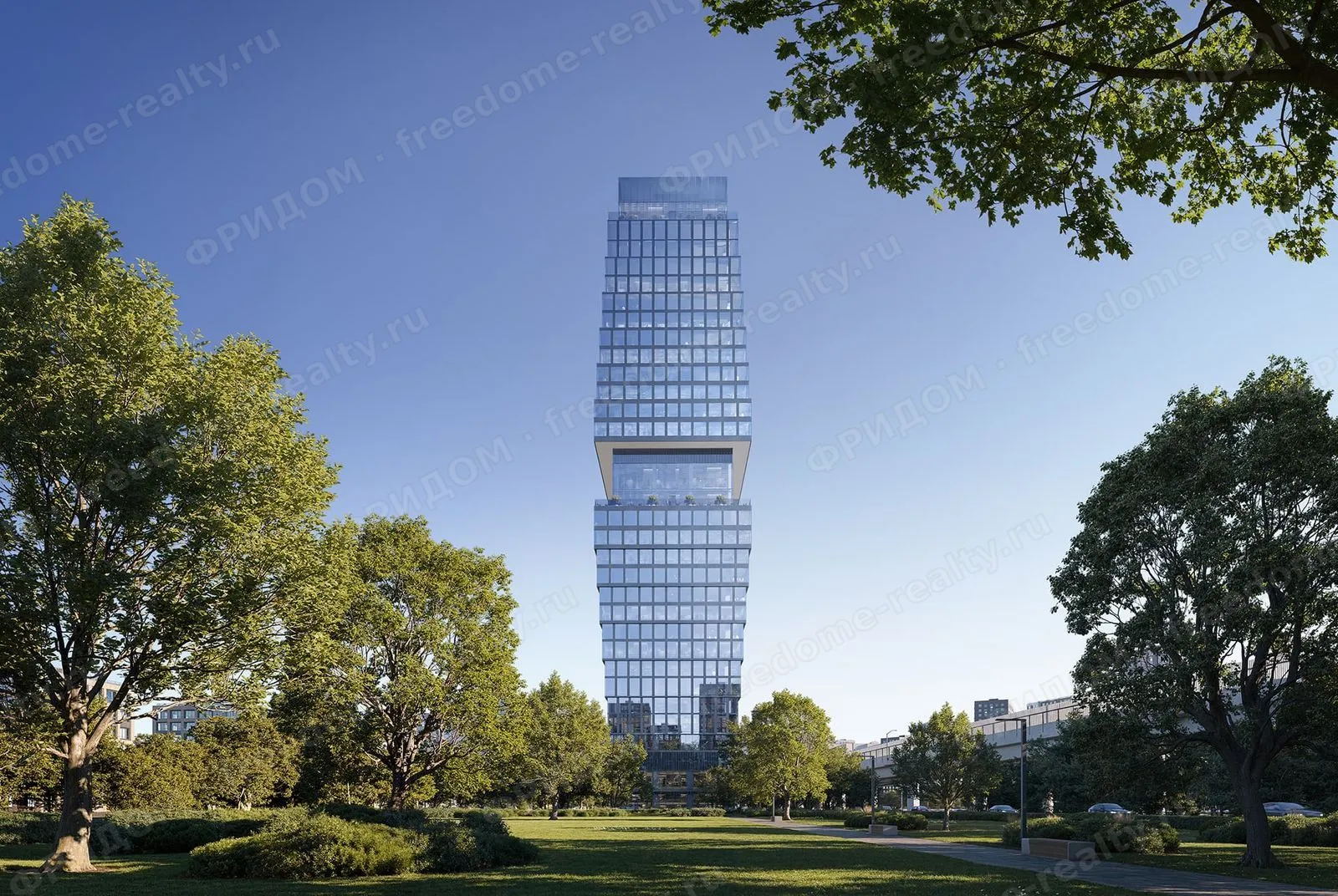 Визуализация БЦ Omni Tower: вид башни из сквера. Источник: сайт проекта omnitower.moscow.