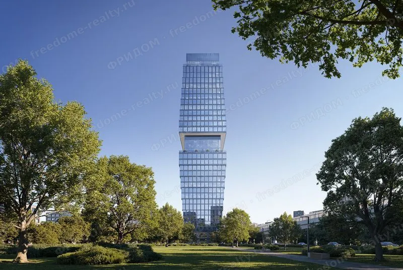Визуализация БЦ Omni Tower: вид башни из сквера. Источник: сайт проекта omnitower.moscow.