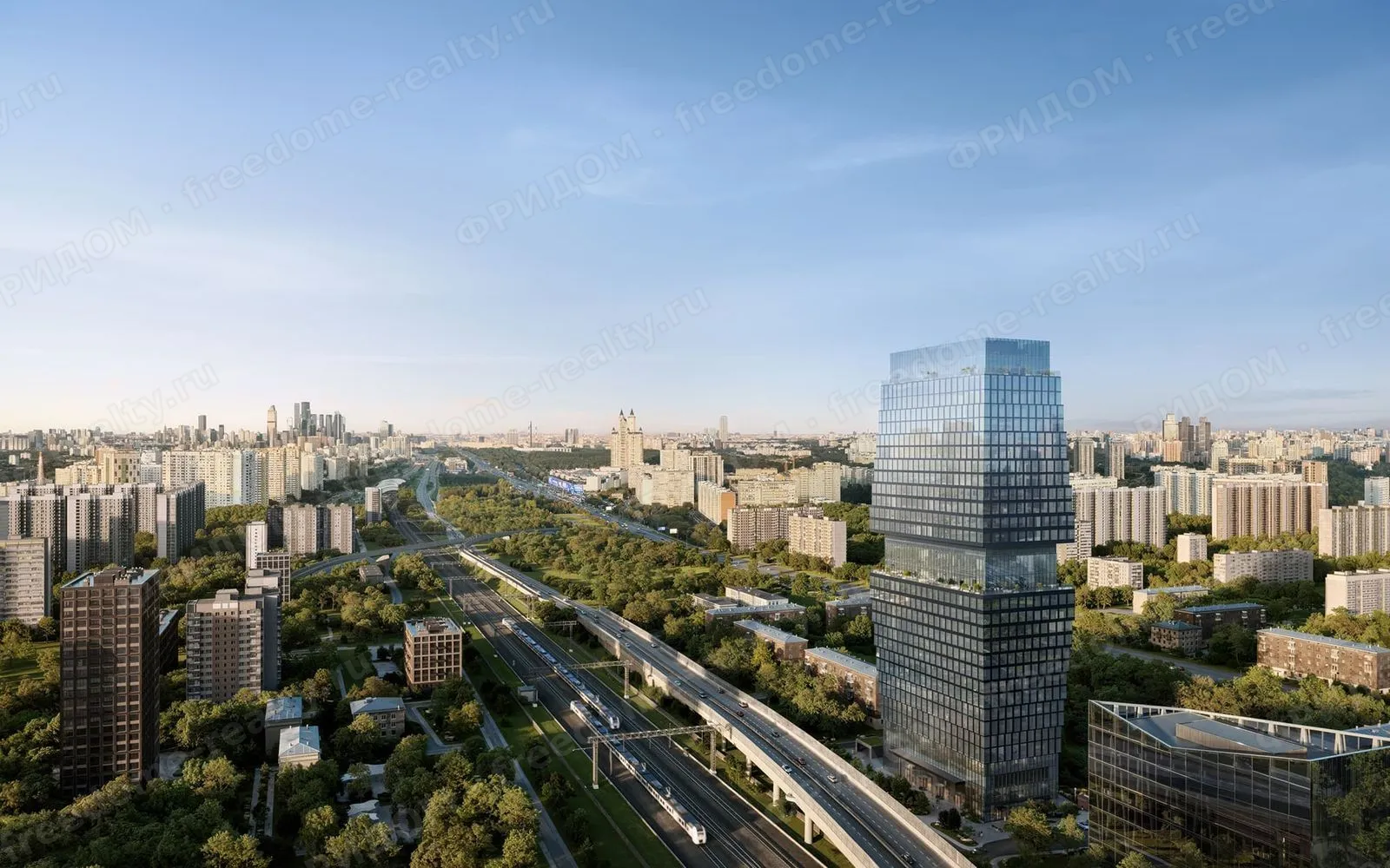 Визуализация БЦ Omni Tower: вид сверху на башню и магистрали. Источник: сайт проекта omnitower.moscow.